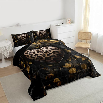 Erosebridal Leopard Love Heart Full Size Comforter Sets for Kids Boys Girls,Botanical Leaves Bedding Set,Black Roses Duvet Insert,Farmhouse Rustic Quilt Bedroom Decor