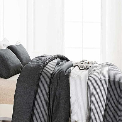 Faincy Full Comforter Set, Grey & Black Patchwork Stripe Pattern Print Reversible Comforter - Size 80x90 3PC Soft Microfiber Duvet Sets Modern Masculine Bedding in a Bag for Women Men Teen, Gray