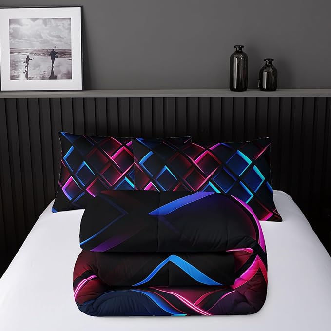 Blue Black Geometric Comforter Set Full Size 3D Stereoscopic Square Bedding Set Honeycomb Bedding Set 3 Piece Modern Style Geometry Decor,Microfiber LightweightWith 2 Pillowcases