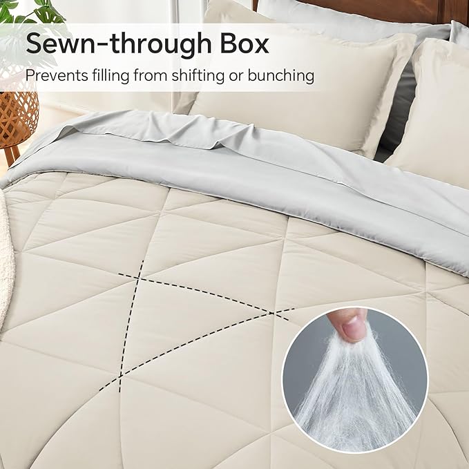 BEDELITE Twin XL Comforter Set 5 Pieces Bed in A Bag - Soft Microfiber Reversible Twin Extra Long Beige Bed Set with Comforters, Sheets, Pillowcase & Sham, Cozy Bedding Sets for College Dorm Room