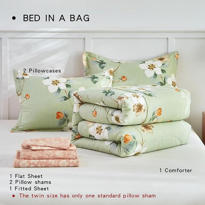 AIKASY 6 Piece Floral Comforter Set Twin Size - Soft Microfiber Bed in a Bag with Sheet Set for All Seasons - Green Flower Botanical Design - Reversible Bedding Set
