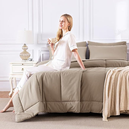 CozyLux Full Size Comforter Sets Khaki, 7 Pieces Bed in a Bag, Khaki Comforter Full Size, All Season Bedding Sets with Stitch Quilted Comforter, Flat Sheet, Fitted Sheet, Pillowcases