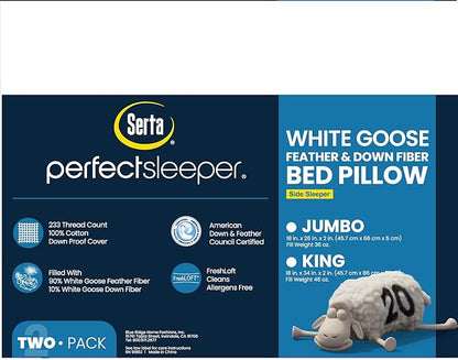 Serta 233 Thread Count White Goose Feather Down Fiber Pillows with Gusseted Supportive Jumbo Size Pillows Set of 2 Pack 100% Cotton Hotel Collection Bed Pillow for Side Sleeper