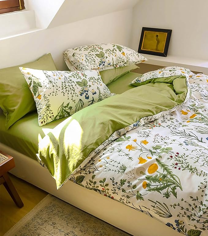 KAREVER Botanical Comforter Set Twin Cotton White and Green Floral Plant Bedding Set Garden Pattern Printed on White Reversible Blanket 3 PCs 1 White Comforter 2 Pillowcases