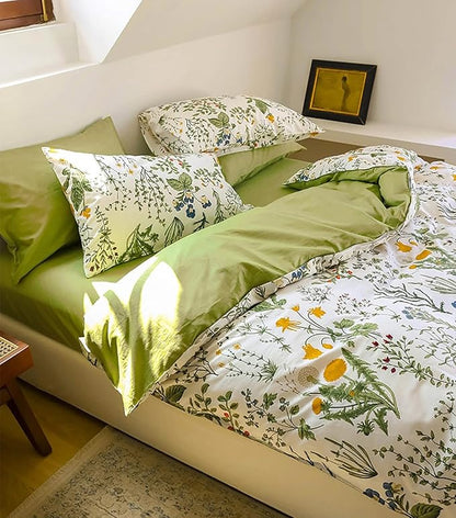 KAREVER Botanical Comforter Set Twin Cotton White and Green Floral Plant Bedding Set Garden Pattern Printed on White Reversible Blanket 3 PCs 1 White Comforter 2 Pillowcases