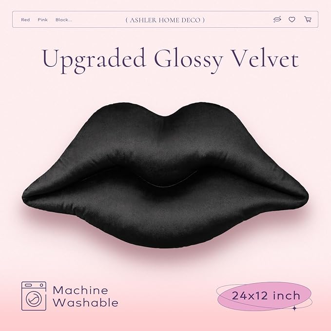 Ashler Upgraded Glossy Velvet Lip Shape Throw Pillow, Delicately Soft, Glossy Shimmering and Brilliant with Velvet Backing for Sofa, Bed and Living Room, Black, 24 X 12 Inches