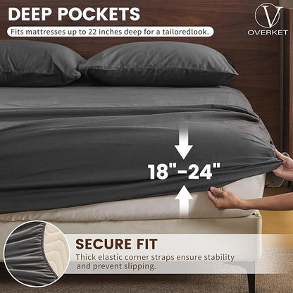 100% Linen Sheet Set Queen Size Extra Deep Pocket Fits 18-24 Inch Mattress, Breathable & Soft, Smooth 4-Piece Set for Thick Mattresses Hotel Luxury Bedding（Queen, Dark Grey）
