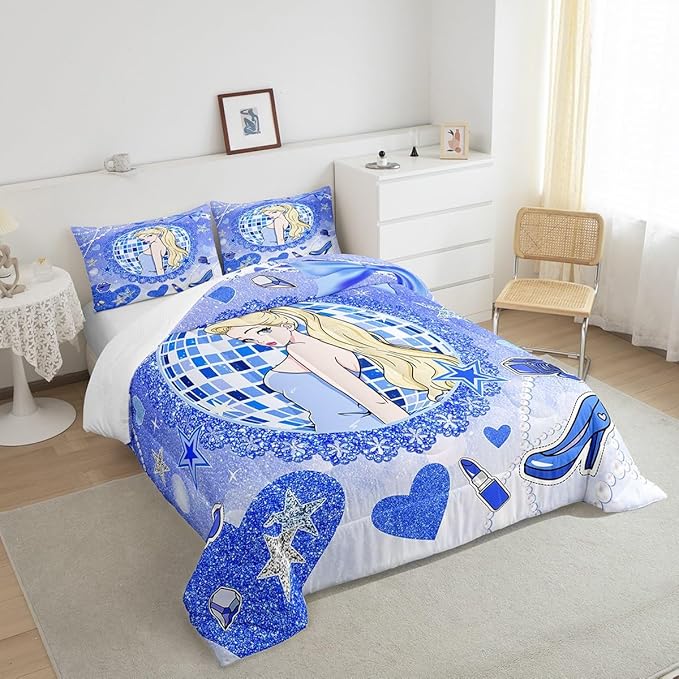 Princess Girly Kids Comforter Set King Size,Bowknot High-heeled Shoes Lip Dreamy Bedding Set,Girls Women Room Decor,Glitter Sequin Star Diamond Down Comforter,Blue Noble Duvet Insert,2 Pillowcases