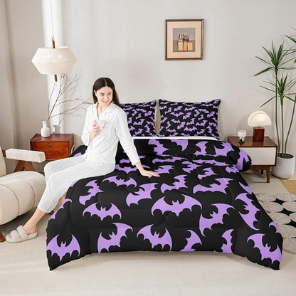 Erosebridal Purple Bat Toddler Comforter Halloween Bat Bedding Set Spooky Goth Gothic Animal Duvet Insert Horror Halloween Bed Sets for Kids Teens Adults