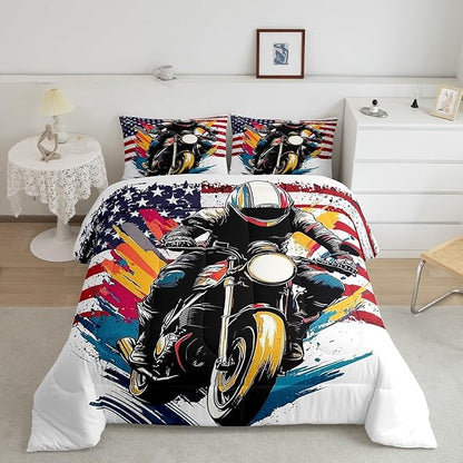 Feelyou Dirt Bike Comforter Set Queen Size American Flag Comforter Extreme Sports Bedding Set Racing Motocross Rider Duvet Set Room Decor White Quilt Set