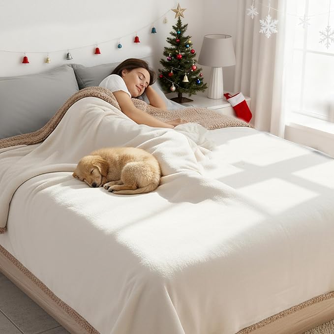 Makigued Waterproof Dog Blanket for Couch & Bed, Reversible Sherpa Fleece Pet Throw with Quiet TPU Barrier, Machine Washable Furniture Protector for Large Dogs & Cats, Twin Size 60x80 Inch, Cream