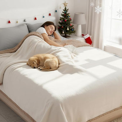Makigued Waterproof Dog Blanket for Couch & Bed, Reversible Sherpa Fleece Pet Throw with Quiet TPU Barrier, Machine Washable Furniture Protector for Large Dogs & Cats, Twin Size 60x80 Inch, Cream