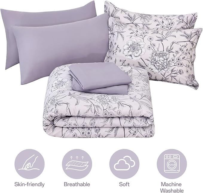 Yiran Botanical Floral Purple Comforter Queen 7 Piece Bed in a Bag Soft Microfiber Bedding Comforter Set for All Season (1 Comforter,2 Pillowcases,2 Pillow Shams,1 Flat Sheet,1 Fitted Sheet)