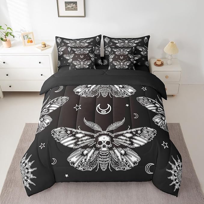 Feelyou Boho Moth Comforter Set King Size 7 Pcs Bohemian Moon Sun Comforter Bed in a Bag Goth Moth Skull Skeleton Bedding Set for Boys Girls Halloween Bed Set with Sheets, Pillowcases, Pillow Covers