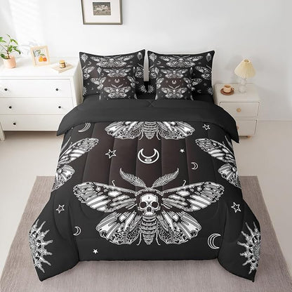 Feelyou Boho Moth Comforter Set King Size 7 Pcs Bohemian Moon Sun Comforter Bed in a Bag Goth Moth Skull Skeleton Bedding Set for Boys Girls Halloween Bed Set with Sheets, Pillowcases, Pillow Covers