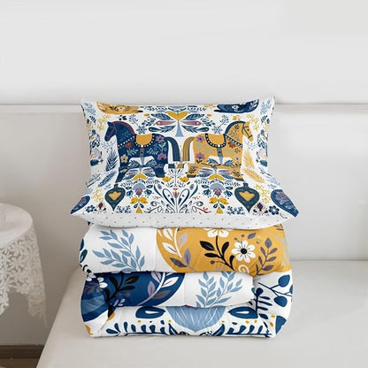 Floral Horse Bedding Sets King Size,Rustic Squirrel Bird Comforter Set 3Pcs for Kids Girls Boys Women Room Decor,Boho Flower Leaves Quilted Duvet Scandinavian Style Down Comforter,2 Pillowcases