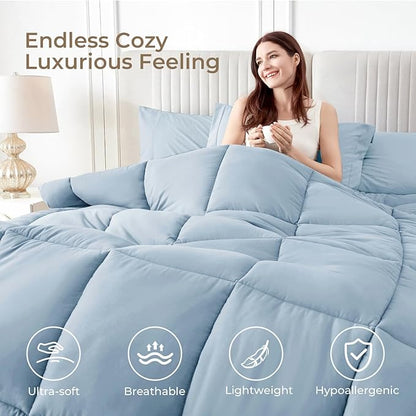 Sasttie Queen Comforter Set, 7 Pieces Bed in a Bag Queen, Complete Bedding Set Includes Comforter, Flat Sheet, Fitted Sheet, Pillowcases and Pillow Shams, Greyish Blue