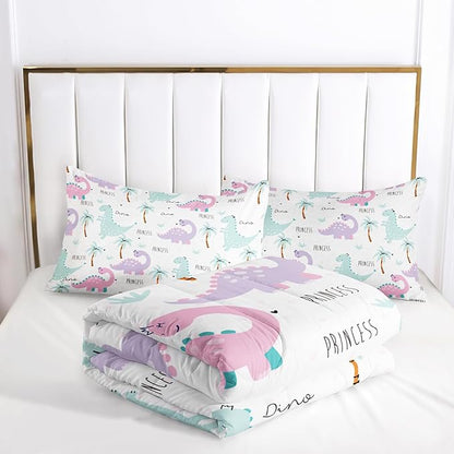Cartoon Dinosaur Comforter Sets Bedding Sets 3PCS for Kids,Pink Violet Dinos Comforter Sets King Size，All Season 1 Comforter and 2 Pillowcases