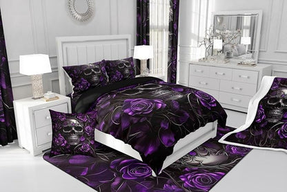 Erosebridal Gothic Skull Bedding for Adluts Kids Teens Halloween Goth Queen Comforter Set Vintage Victorian Romantic Purple Rose Floral Quilt Spooky Grunge Skeleton Boho Horror Bedding,Gothic Decor