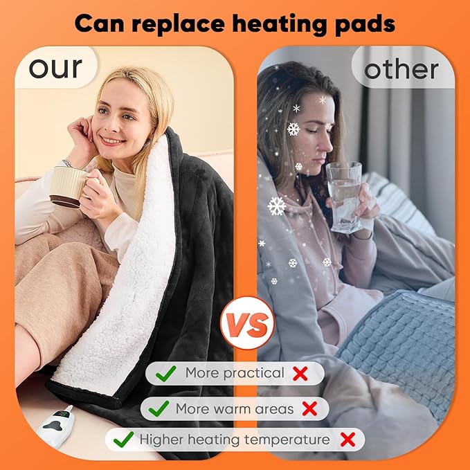 greenoak Heated Blanket Electric Full 72"X84", Heating Blanket with 10 Heat Levels 1/2/4/6/8 Hours Auto-Off, Soft Flannel Sherpa Warm Heater Christmas Blanket, Lacquered Black