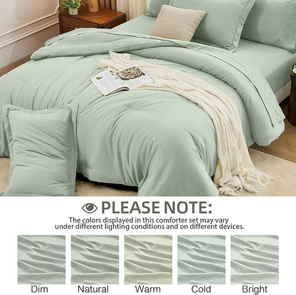 FUANNA King Size Comforter Sets Sage Green, 7 Pieces Soft Bedding Set, All Season Lightweight Bed in a Bag with Comforter, Flat Sheet, Fitted Sheet, Pillowcases & Shams