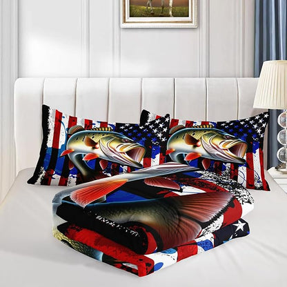 HOSIMA Big Pike Fishing Comforter Set,Bass Fish American Flag Pattern Hunting and Fishing Bed Set Queen Size for Boys Room Decor, Bed in a Bag for Teens with 2 Pillowcases.