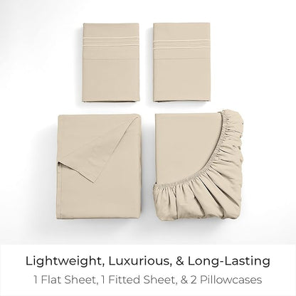Mellanni Queen Sheets Set - 4 PC Iconic Collection Bedding - Hotel Luxury, Extra Soft, Cooling Bed Sheets - Wrinkle, Fade, Stain Resistant (Queen, Beige)