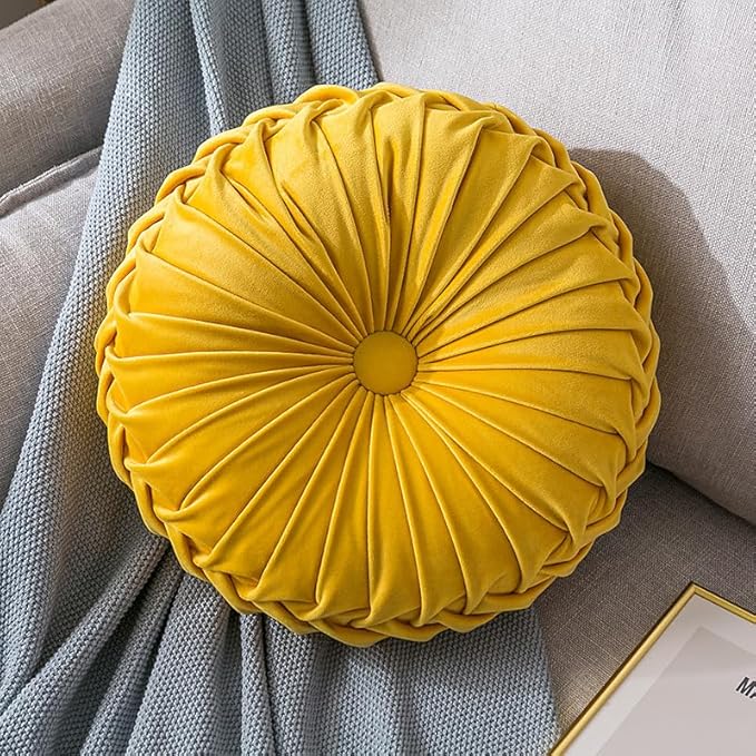MOCOFO Round Velvet Throw Pillow, Pumpkin Shape Decorative Floor Cushion, Handcrafted Pleated Design, 14 and 16 Inch Diameter, Multiple Colors, Polyester Fill (Yellow, 14")