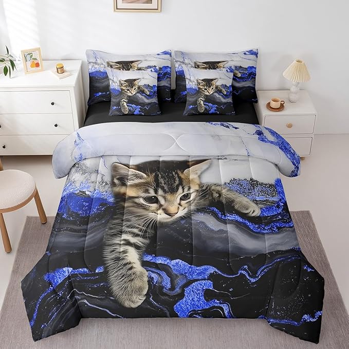 Erosebridal Marble Kids Bedding Set Cartoon Cat Cute Marbling Comforter Sets with Sheets for Boys Girls Kids Modern Blue Liquid Quicksand Bed Set Watercolor Artwork Bed in A Bag Twin