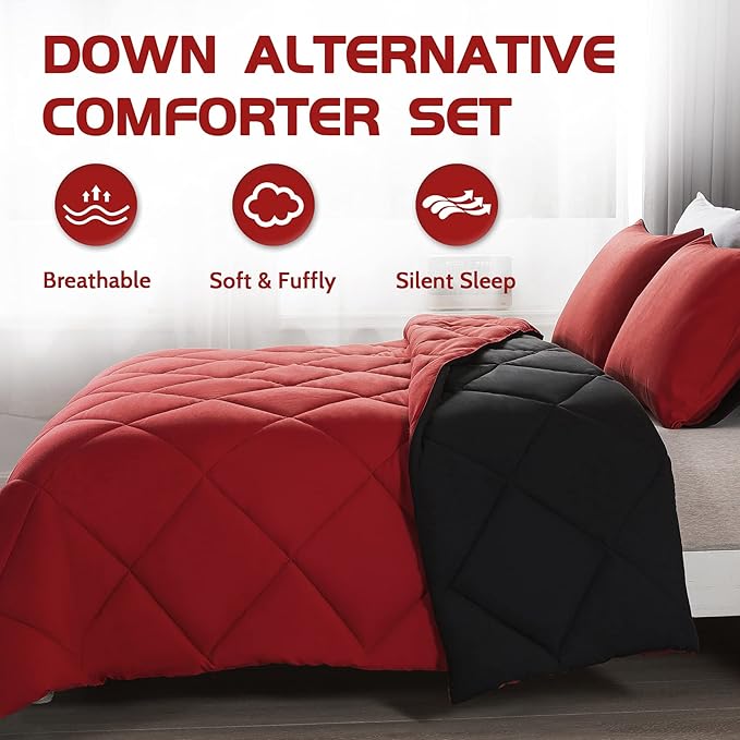 Decroom Lightweight Queen Comforter Set with 2 Pillow Sham - 3 Pieces Set - Quilted Down Alternative Comforter/Duvet Insert for All Season - Red/Black - Queen Size