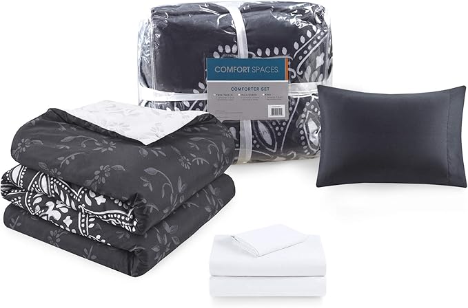 Comfort Spaces Bed in A Bag - Trendy Casual Design Cozy Comforter with Complete Sheet Set with Side Pocket, All Season Cover, Matching Shams, Twin XL (66 in x 90 in), Ava Medallion Black 6 Piece