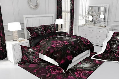 Erosebridal Gothic Skull Bedding Set for Adluts Kids Teens Goth King Size Comforter Set Vintage Victorian Romantic Hot Pink Rose Floral Quilt Spooky Grunge Skeleton Boho Horror Bedding,Gothic Decor