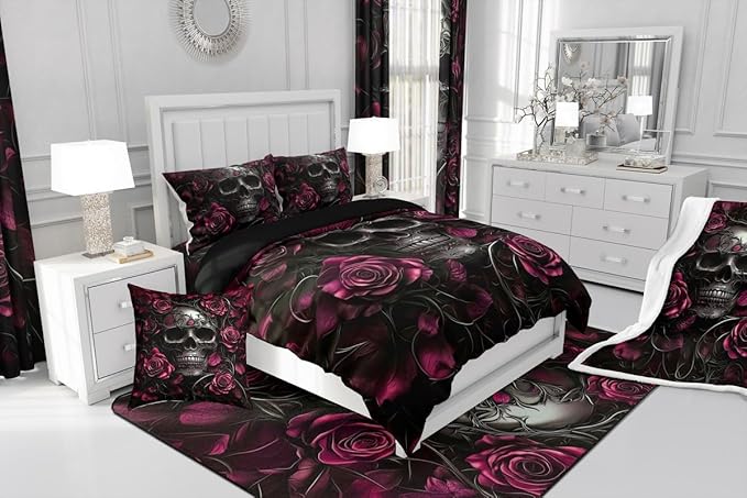 Erosebridal Gothic Skull Bedding Set for Adluts Kids Teens Goth Comforter Full Size Vintage Victorian Romantic Hot Pink Rose Floral Quilt Spooky Grunge Skeleton Boho Horror Bedding,Gothic Decor