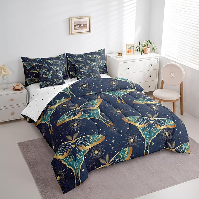 Erosebridal Bohemian Moth Bed in a Bag King Size Comforter Set 7 Pieces,Sun and Moon Bedding Sets Stars Galaxy Sheet Set with Comforter