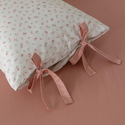 mixinni Boho Floral Comforter Sets Queen Size Soft Fluffy Bed Set Green Leaves Dusty Rose Pattern on White Comforter Set, 3 Pieces Cute Floral Bedding Set with 2 Bow Tie Pillowcases for All Season