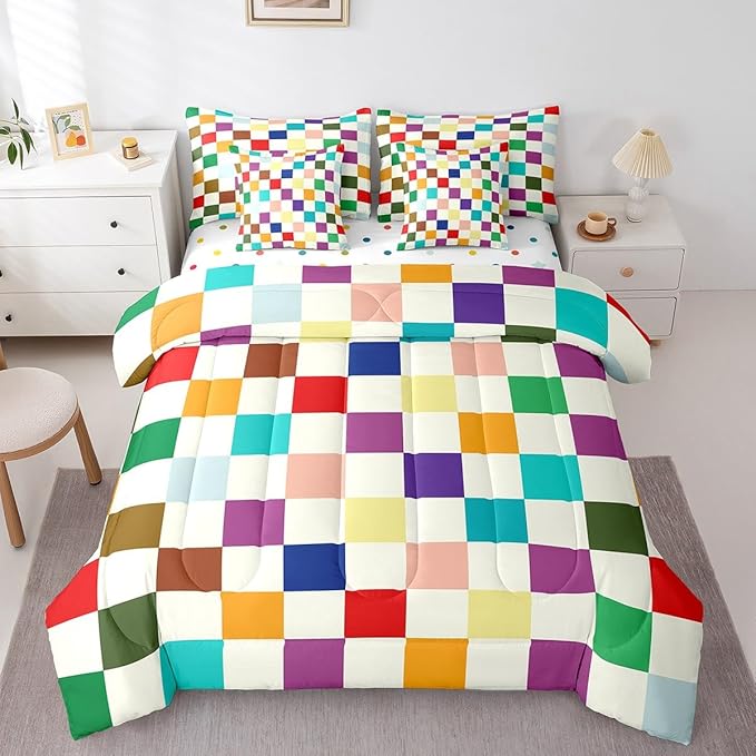 Feelyou Colorful Checkered Retro 7 Piece Bedding Set Kids Boys Girls Modern Geometric Cute Comforter Set with Sheets Full Size Beige Colorful Bed in a Bag Vintage Simple Groovy Aesthetic Room Decor