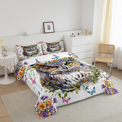 Owl Kids Comforter Set King Size,Jungle Exotic Birds Bedding Set,Boys Girls Men Room Decor,Watercolor Flowers Leaces Down Comforter,Pink Blue Butterfly Duvet Insert,2 Pillowcases