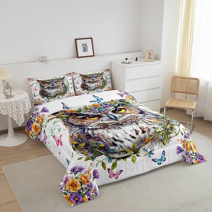 Owl Kids Comforter Set Queen Size,Jungle Exotic Birds Bedding Set,Boys Girls Men Room Decor,Watercolor Flowers Leaces Down Comforter,Pink Blue Butterfly Duvet Insert,2 Pillowcases