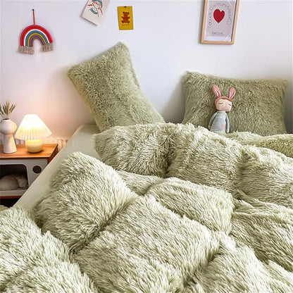 chovy Faux Fur Plush Light Green Comforter Sets King - Ultra Soft Shaggy Flannel Velvet Fluffy Fuzzy 3PC Bedding Set （Comforter x 1 Pillowcases x 2）