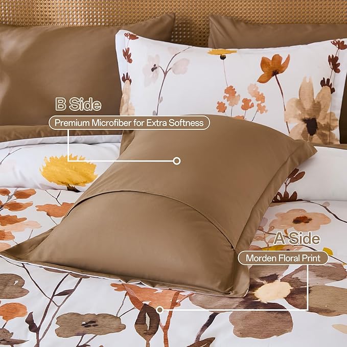 Anibedding 8Pieces King Size Comforter Set, Khaki Watercolor Floral Queen Size Bed in a Bag Comforter Set with Pillowcase, Sheets for All Season