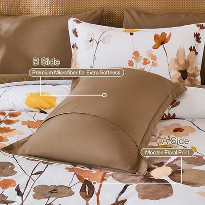 Anibedding 8Pieces Queen Comforter Set, Khaki Watercolor Floral Queen Size Bed in a Bag Comforter Set with Pillowcase, Sheets for All Season