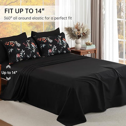 Black King Comforter Size Set, 7 Pieces Floral Bed in a Bag Bedding Sets, Lightweight Soft Comforter and Sheet Set, All Season Microfiber Flower Bedding Sets
