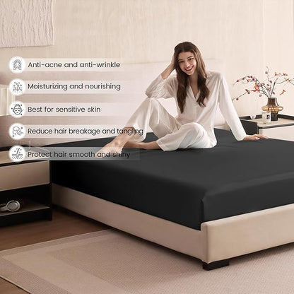 THXSILK 6A+ Top Grade 100% Pure Mulberry Silk Twin Fitted Sheet 3Pcs Set Bed Sheets Luxury Bedding for Hair and Skin Breathable Cooling Safe Material, 1 Fitted Sheet with 2 Pillowcases, Black