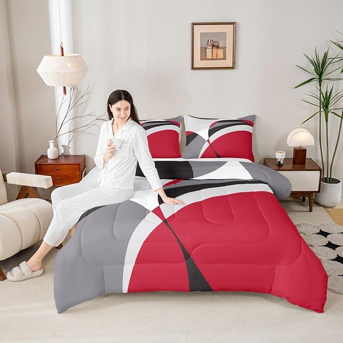 Erosebridal Abstract Comforter Twin Geometric Bedding Set, Stripe Bedding Comforter Sets Modern Duvet, Red Grey Black White Quilted Comforter Lightweight Microfiber 2 Pieces with 1 Pillowcase