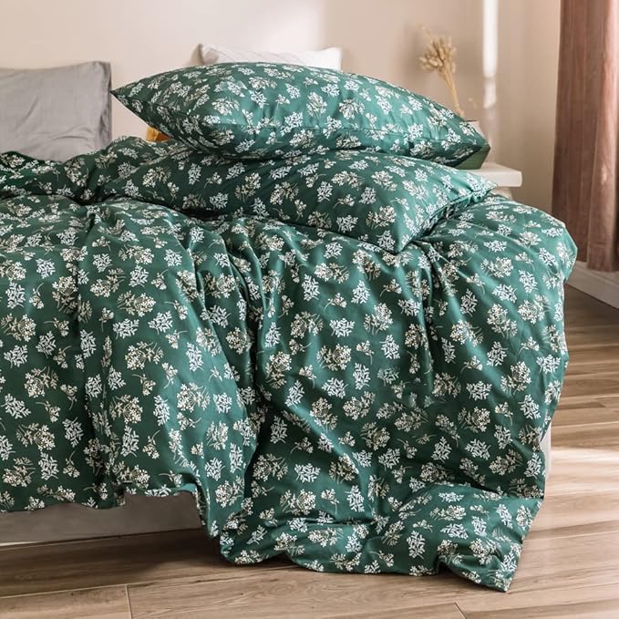 mixinni Twin XL Comforter Set Floral, Green Comforter Twin XL Size Fluffy, Cottagecore White Small Flowers Leaves Comforter with 2 Pillow Cases for All Seasons-3 Pieces