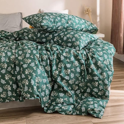 mixinni Twin XL Comforter Set Floral, Green Comforter Twin XL Size Fluffy, Cottagecore White Small Flowers Leaves Comforter with 2 Pillow Cases for All Seasons-3 Pieces