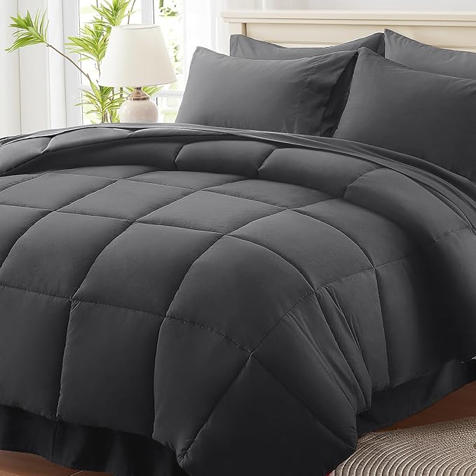 Anluoer Queen Size Bed in a Bag 7 Pieces, Dark Grey Bed Comforter Set with Sheets, All Season Bedding Sets with 1 Comforter,2 Pillow Shams,2 Pillowcases, 1 Flat Sheet,1 Fitted Sheet
