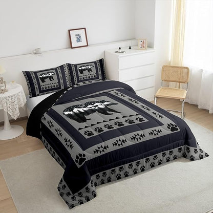 Feelyou Western Rustic Bear Comforter Set Queen Size, Moon Bear Quilt Set with 2 Pillowcases, Wild Animal Hunting Theme Bedding Set 3 Pcs Kids Boys Teens Room Decor, Rustic Cabin Country Duvet Insert