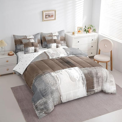 Erosebridal Brown White Grey Bed in a Bag 7 Pieces Graffiti Bedding Comforter Sets with Flat Sheet and Fitted Sheet, Watercolor Queen Bedding Sets with Pillowcases and Throw Pillow Covers