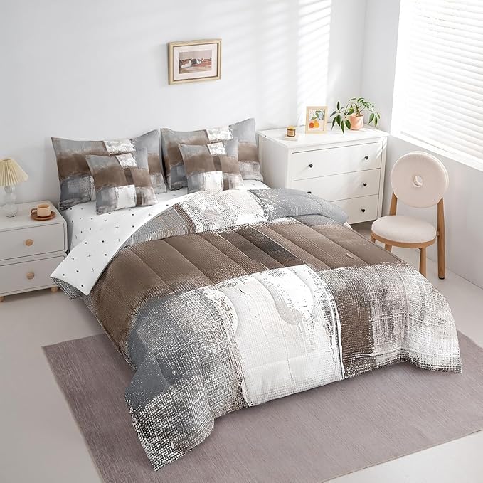 Erosebridal Brown White Grey Bed in a Bag 7 Pieces Graffiti Bedding Comforter Sets with Flat Sheet and Fitted Sheet, Watercolor Twin Bedding Sets with Pillowcases and Throw Pillow Covers